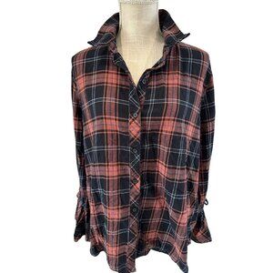 Beachlunchlounge Womens Red & Black Plaid Button-Up Shirt XL With Tie-Sleeve Det